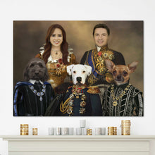 Load image into Gallery viewer, Portrait of a couple with three dogs with bodies of people dressed in historical royal clothes hanging on a white wall

