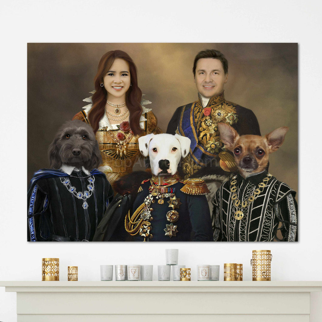 Portrait of a couple with three dogs with bodies of people dressed in historical royal clothes hanging on a white wall