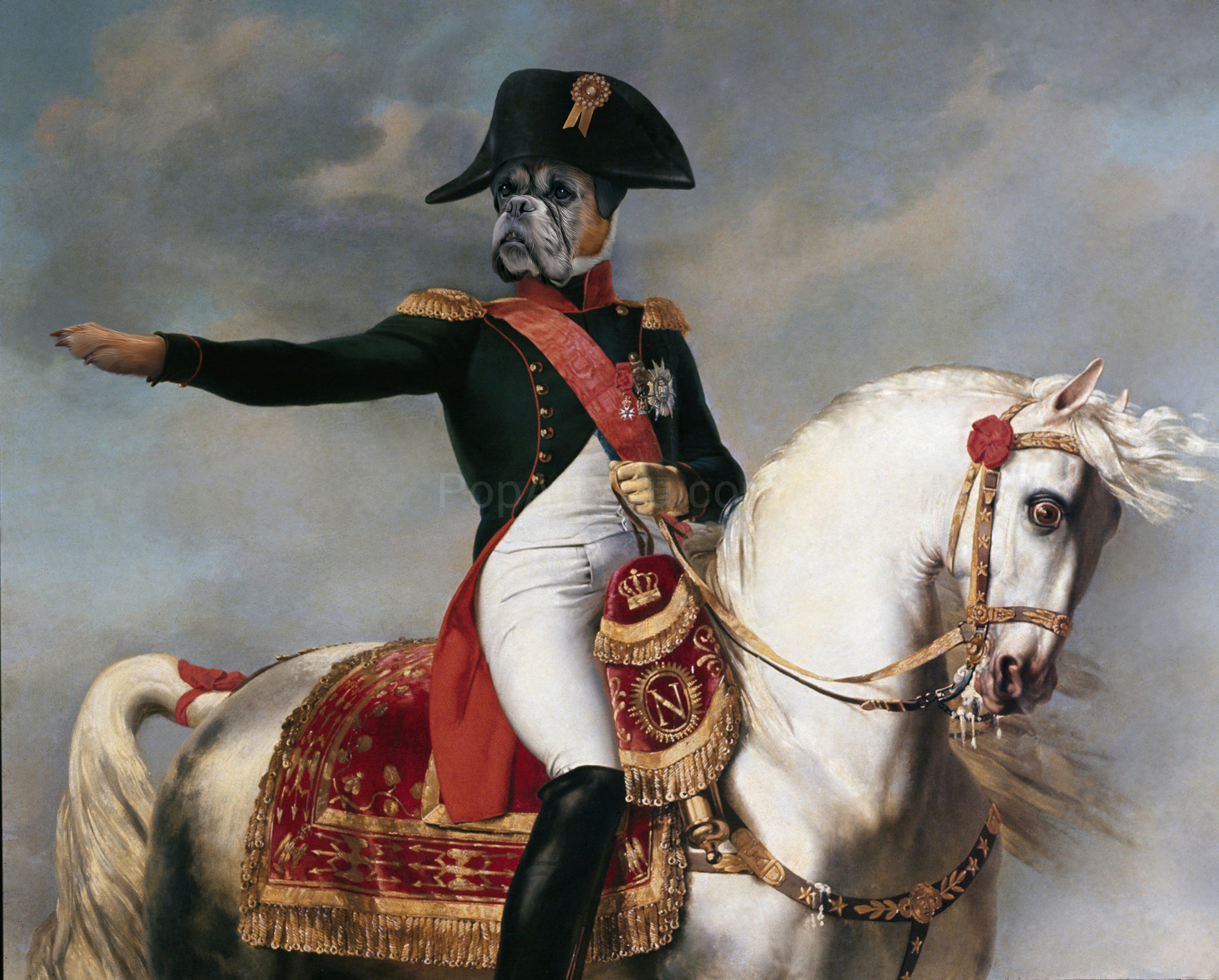 The portrait shows a dog with a human body dressed in a Napoleon costume riding a white horse