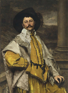 The portrait shows a man in a hat wearing yellow regal attire