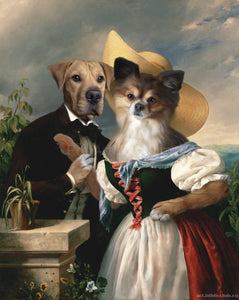 The portrait shows a flirting couple of two dogs with human bodies in the forest