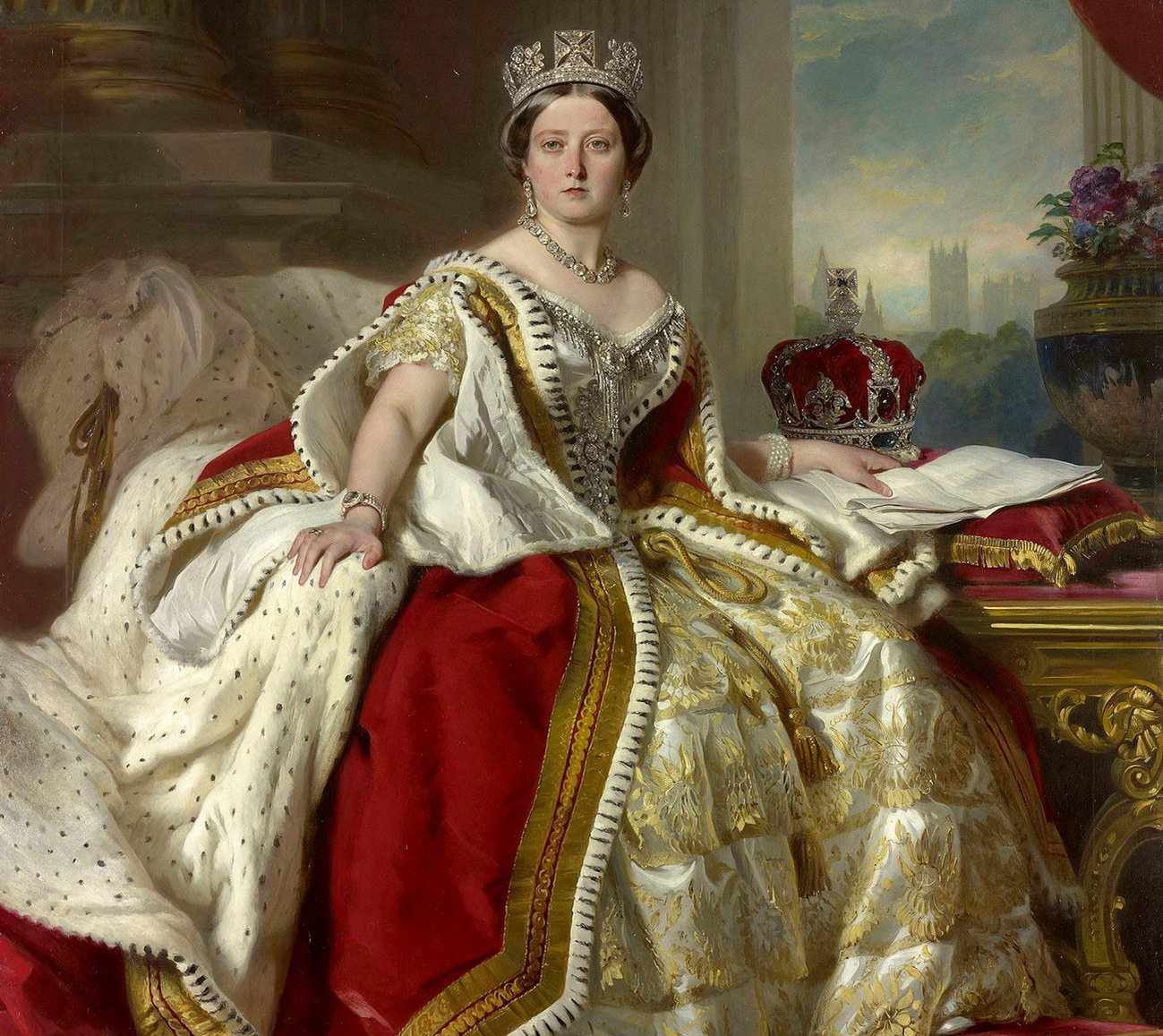 The portrait shows a woman wearing a red royal attire with a crown 