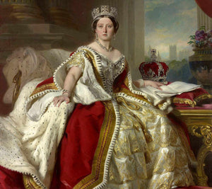 The portrait shows a woman wearing a red royal attire with a crown 