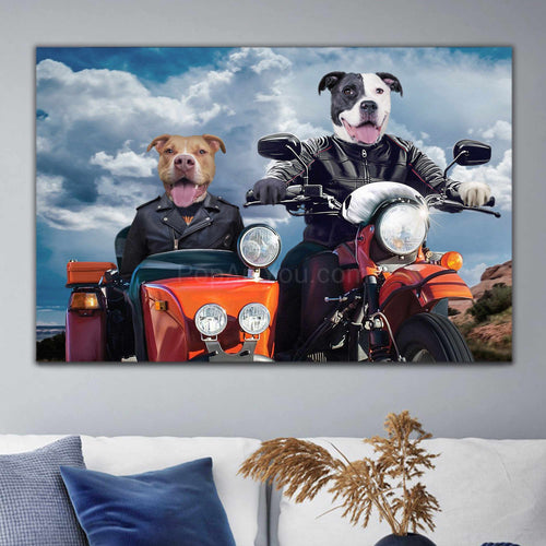 Portrait of two dogs bikers riding a motorcycle hanging on a white wall above the sofa