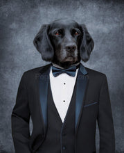 Load image into Gallery viewer, The portrait shows a black dog dressed in a black Bond suit with a black bow tie
