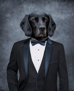 The portrait shows a black dog dressed in a black Bond suit with a black bow tie