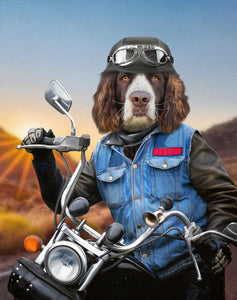 The portrait shows a biker dog with a human body riding a chopper
