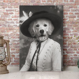 Lady wearing a hat with a feather retro pet portrait