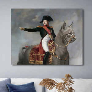 A portrait of a man dressed in renaissance regal attire sitting on a trot hangs on the blue wall above the sofa