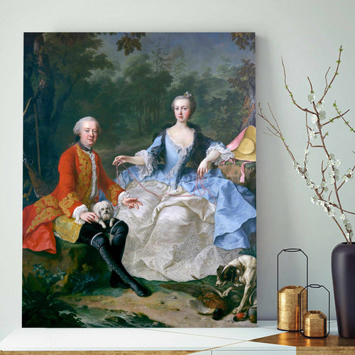 A portrait of a couple dressed in red and blue regal attires stands on a gold table near a black vase