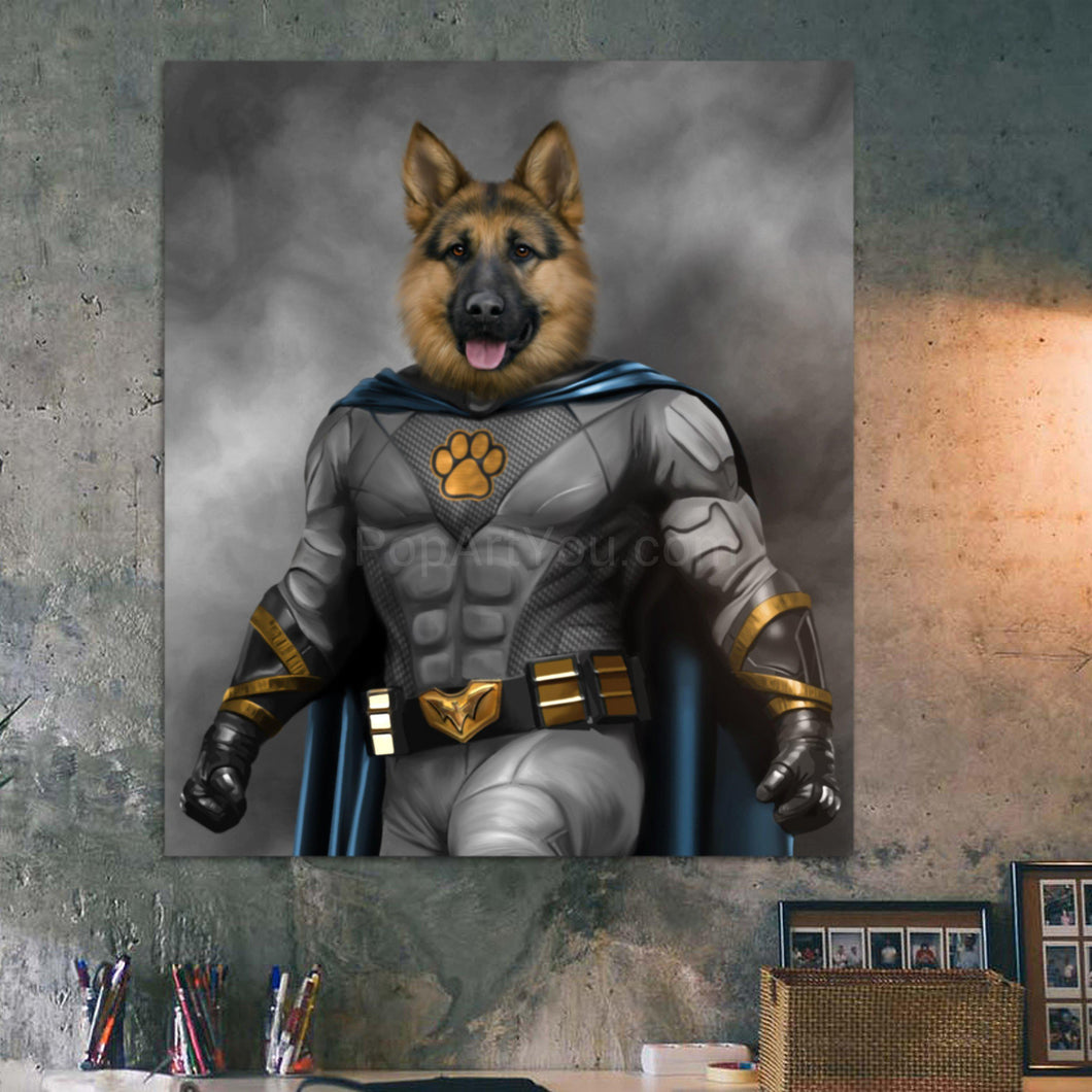 Portrait of a dog with a human body dressed in gray superhero attire hangs on a gray wall above the table
