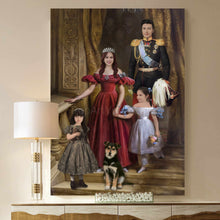 Load image into Gallery viewer, Portrait of a family dressed in historical royal clothes standing next to their dog hangs on the beige wall near the lamp
