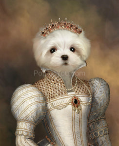 The portrait shows a white dog with a human body dressed in a silver royal dress with a crown