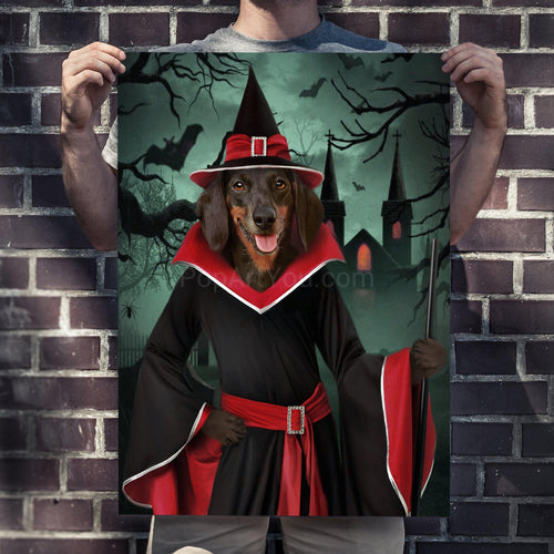 Man holding portrait of dog with human body dressed in black witch clothes near brick wall