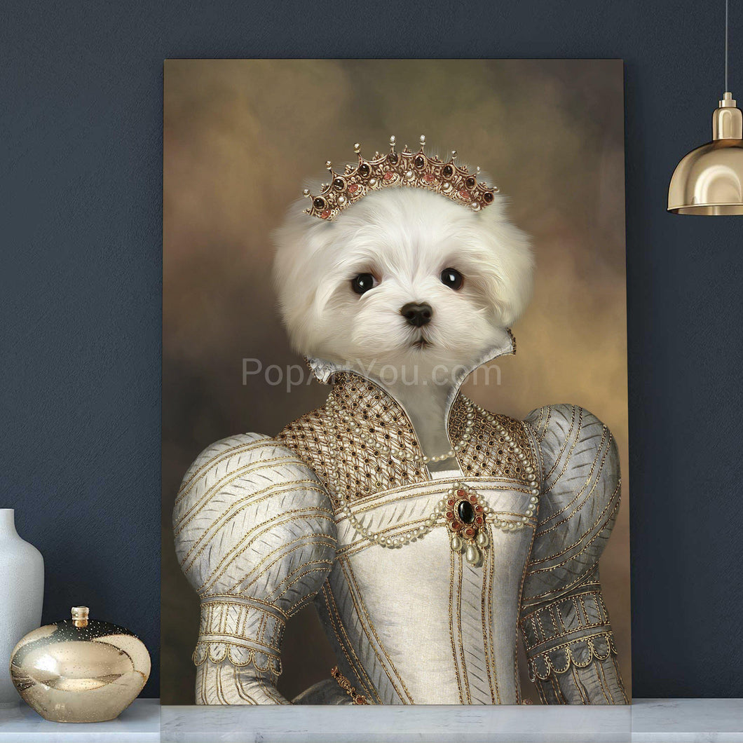 Portrait of a female dog with a human body dressed in a silver royal dress stands on a white shelf near a golden vase