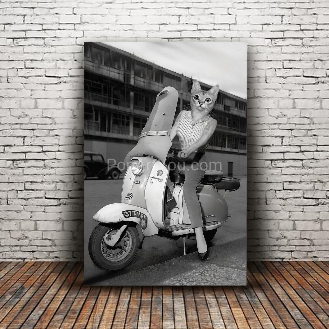 Elegant lady on Italian scooter retro pet portrait