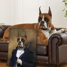 Load image into Gallery viewer, The dog lies on a brown sofa and there is a portrait of a dog with a human body dressed as an ambassador next to sofa 
