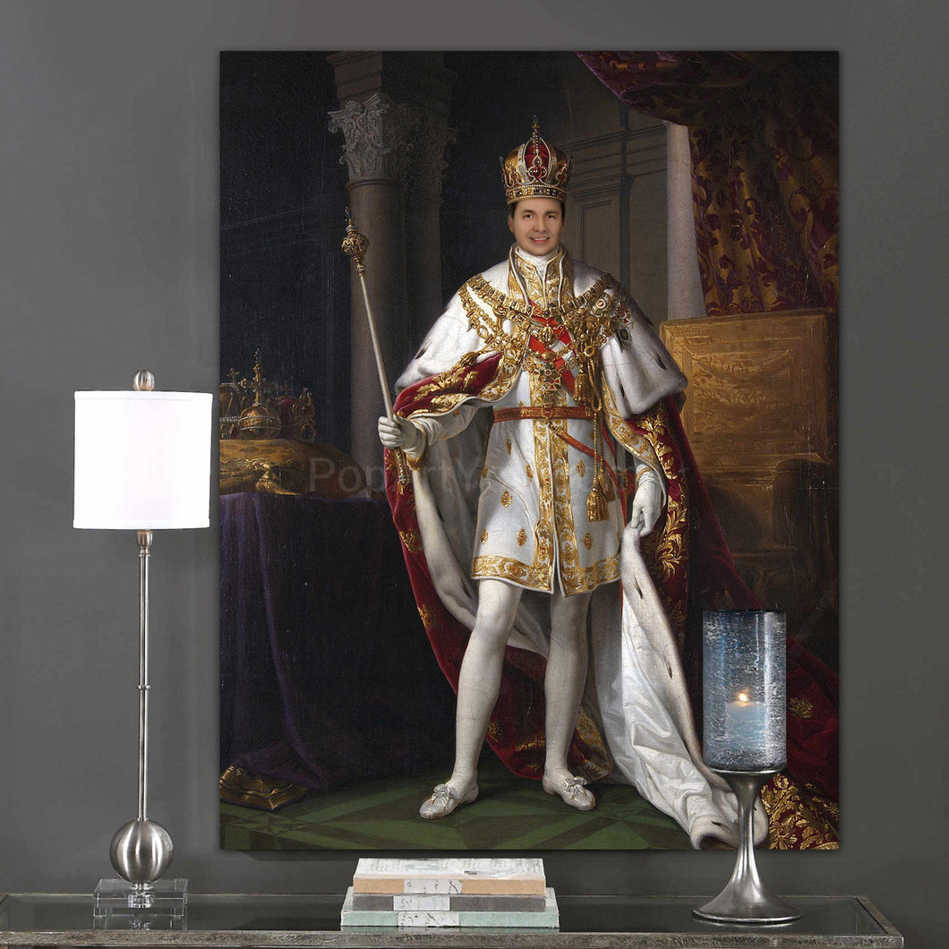 On the gray wall next to two lamps hangs a portrait of a man dressed in a royal costume