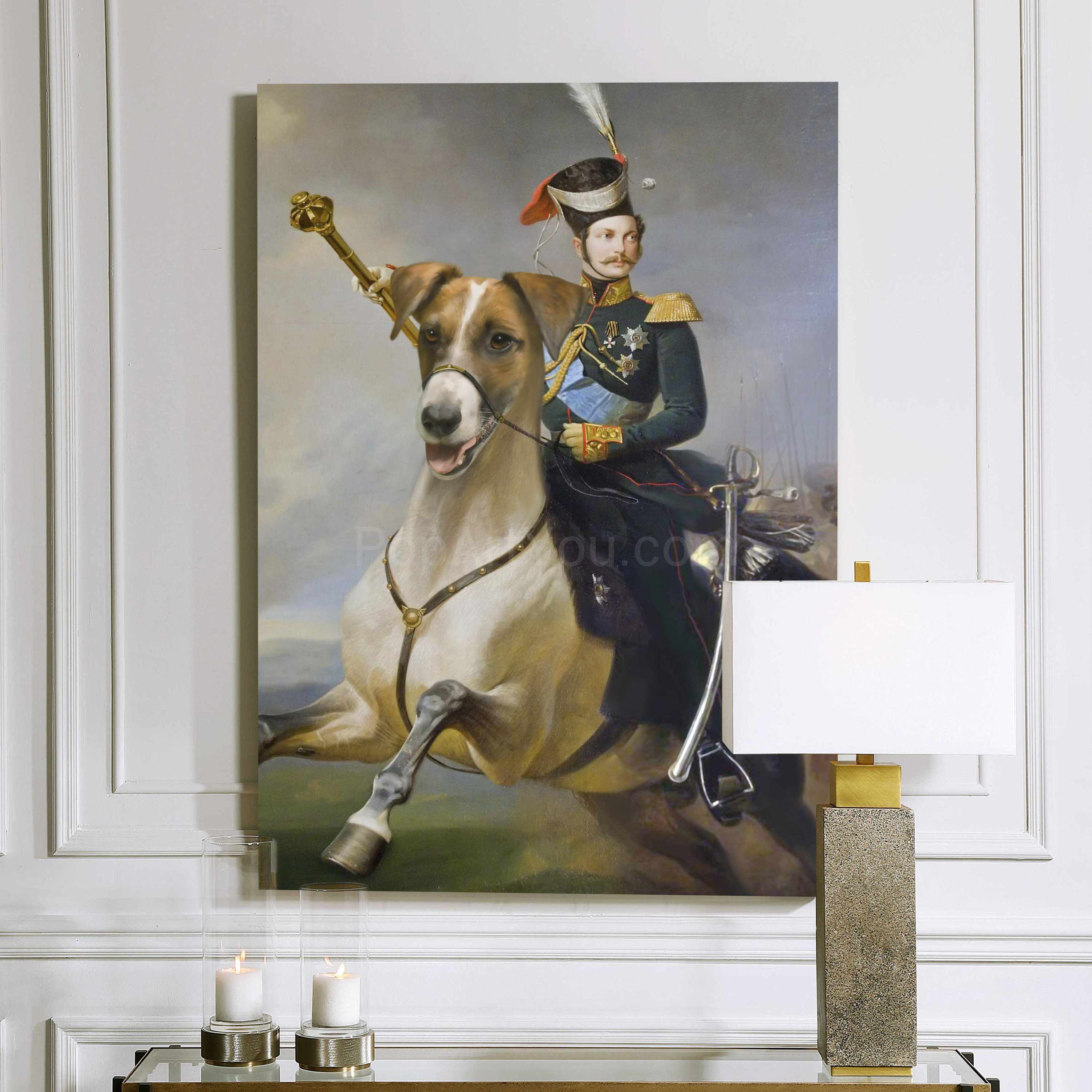 A portrait of a man dressed in historical royal clothes running on a huge dog hangs on a white wall