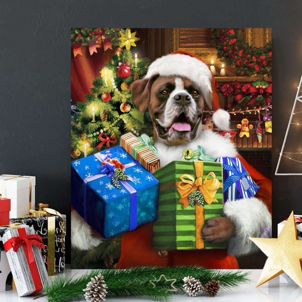 Canvas painting of a dog with a human body dressed in red Santa Claus attire stands on a white table near gifts
