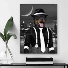 Load image into Gallery viewer, Portrait of a dog with a human body dressed in black bandit clothes with a hat hanging on a white wall near a vase
