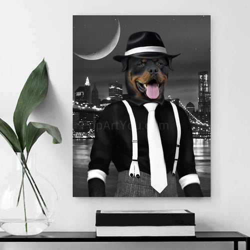 Portrait of a dog with a human body dressed in black bandit clothes with a hat hanging on a white wall near a vase