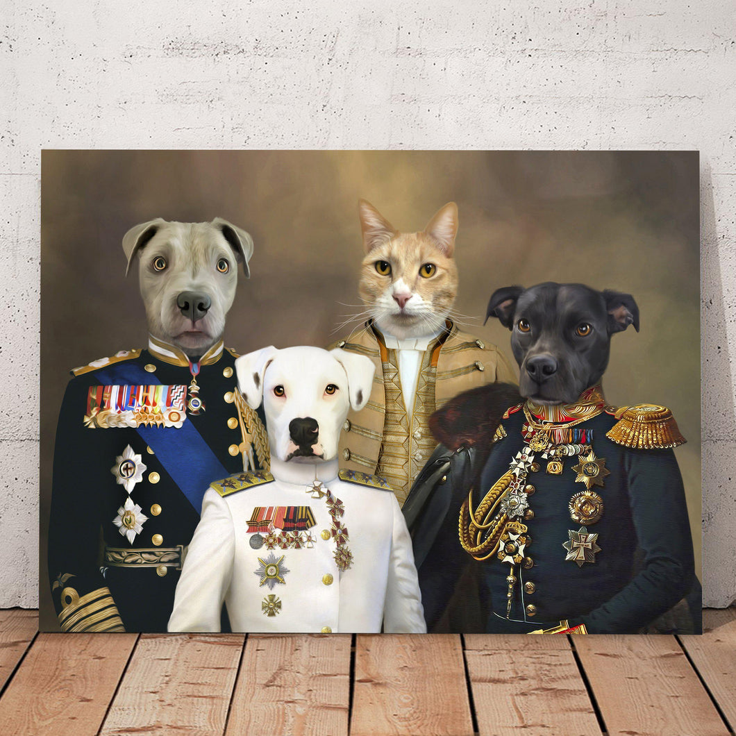 Portrait of three dogs and a cat with human bodies dressed in historical royal attires stands on a wooden floor near a white wall