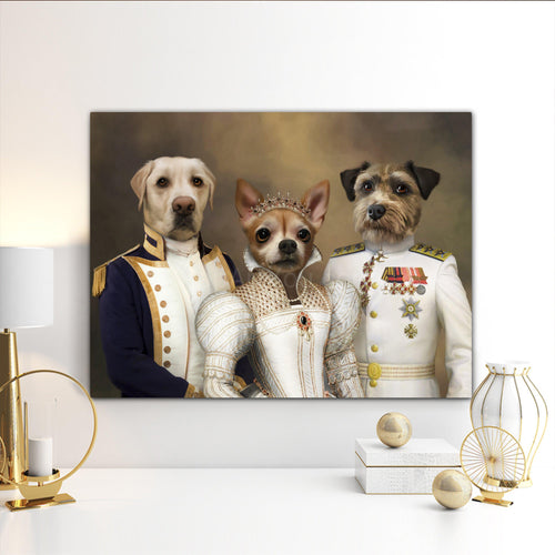 Portrait of three dogs with human bodies dressed in white royal attires hangs on a white wall near the golden figures