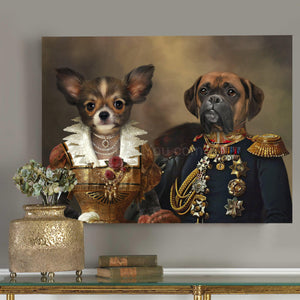 Portrait of a couple of two dogs with human bodies dressed in golden royal clothes hanging on a gray wall near a golden vase with flowers
