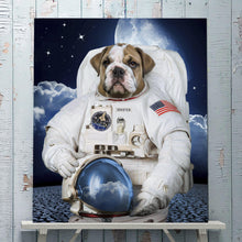Load image into Gallery viewer, Portrait of a dog dressed in white attire of an American astronaut stands on a wooden shelf against a background of a blue wall
