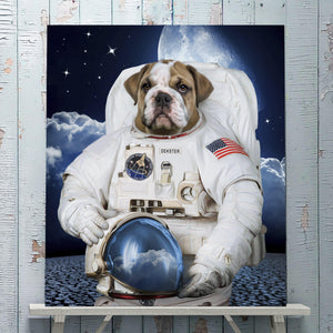 Portrait of a dog dressed in white attire of an American astronaut stands on a wooden shelf against a background of a blue wall