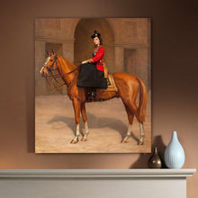 Load image into Gallery viewer, Portrait of a woman riding a horse dressed in regal attire hangs on a beige wall
