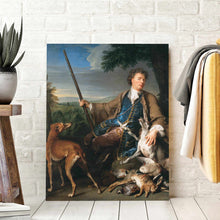Load image into Gallery viewer, A portrait of a man sitting near the dogs dressed in renaissance regal attire stands on the floor
