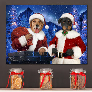 Portrait of two dogs with human bodies dressed in red costumes of Santa and Mrs. Claus hanging on a gray wall