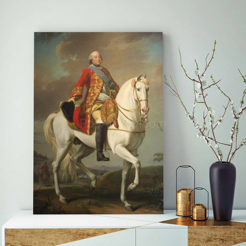 A portrait of a man sitting on a horse dressed in a historical royal costume stands on a white table next to a vase