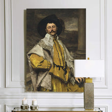 Load image into Gallery viewer, A portrait of a man in a hat dressed in yellow royal clothes hangs on a white wall next to a lamp
