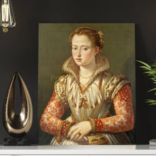 Load image into Gallery viewer, Portrait of a woman with red hair dressed in golden regal attire stands on a white table near a light bulb
