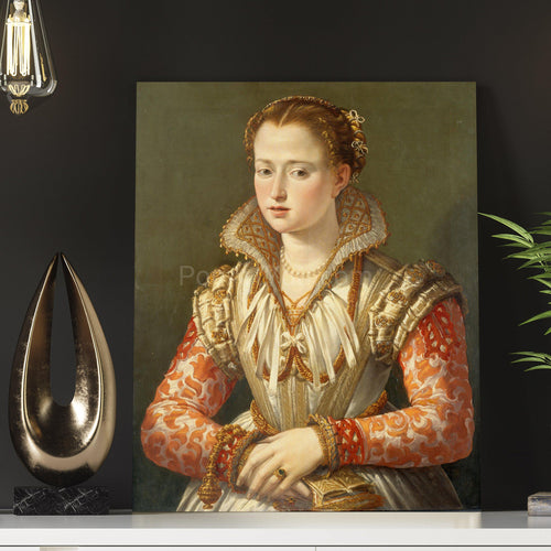 Portrait of a woman with red hair dressed in golden regal attire stands on a white table near a light bulb