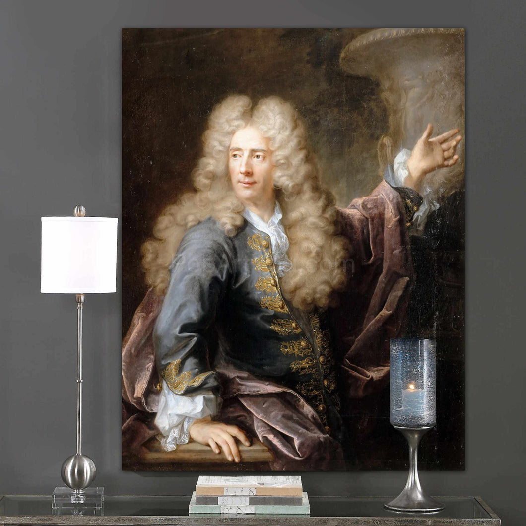 A portrait of a man with long white hair dressed in historical royal clothes hangs on a gray wall
