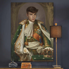Load image into Gallery viewer, On the table next to the floor lamp is a portrait of a man dressed in a green Napoleon costume
