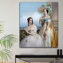 Load image into Gallery viewer, Portrait of two women with dark hair wearing white royal dresses hangs on a white wall above a small table
