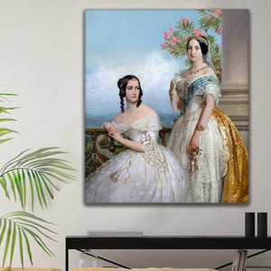 Portrait of two women with dark hair wearing white royal dresses hangs on a white wall above a small table