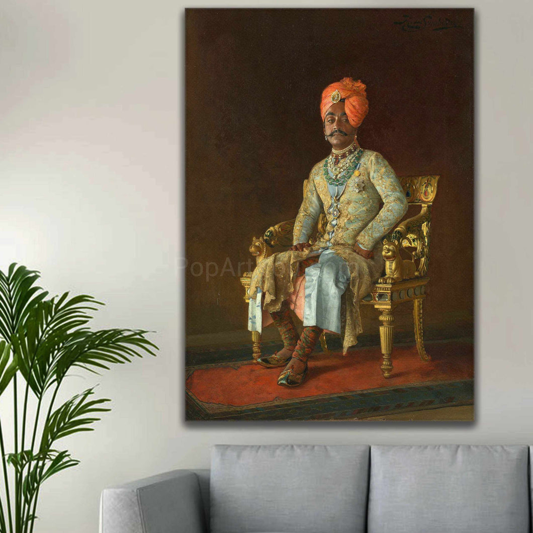 A portrait of a man dressed in renaissance regal attire sitting on a gold chair hangs on the white wall above the sofa