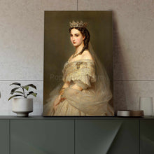 Load image into Gallery viewer, Portrait of a woman dressed in a royal dress with a crown stands on a green table next to a flower in a pot
