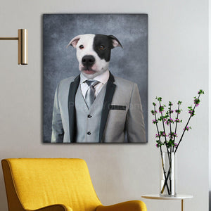 Portrait of a dog with a human body dressed in a gray suit hangs on a white wall near a yellow armchair
