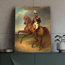 Load image into Gallery viewer, Portrait of a dog with a human body dressed in a Napoleon costume riding a horse stands on a green table
