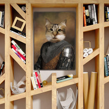 Load image into Gallery viewer, Portrait of a cat with the body of a knight hangs on a white wall inside a rack
