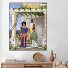 Load image into Gallery viewer, Portrait of a woman, man and girl in ancient greek costumes hanging on a white wall over a wooden table
