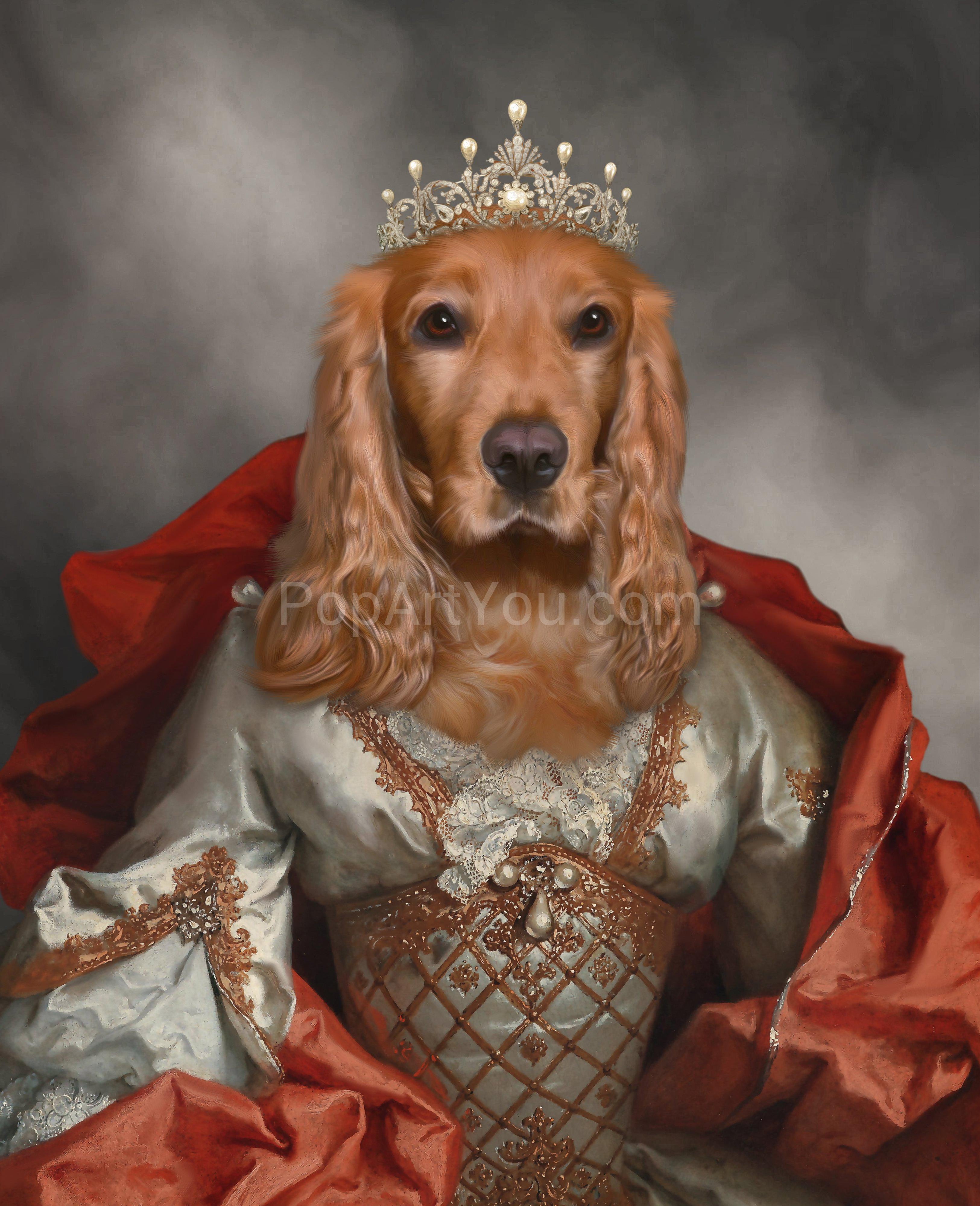 The portrait shows a red-haired dog with a human body, dressed in a silver royal dress with a red mantle