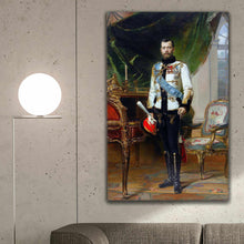 Load image into Gallery viewer, A portrait of a man dressed in historical royal attire hangs on the gray wall above the sofa
